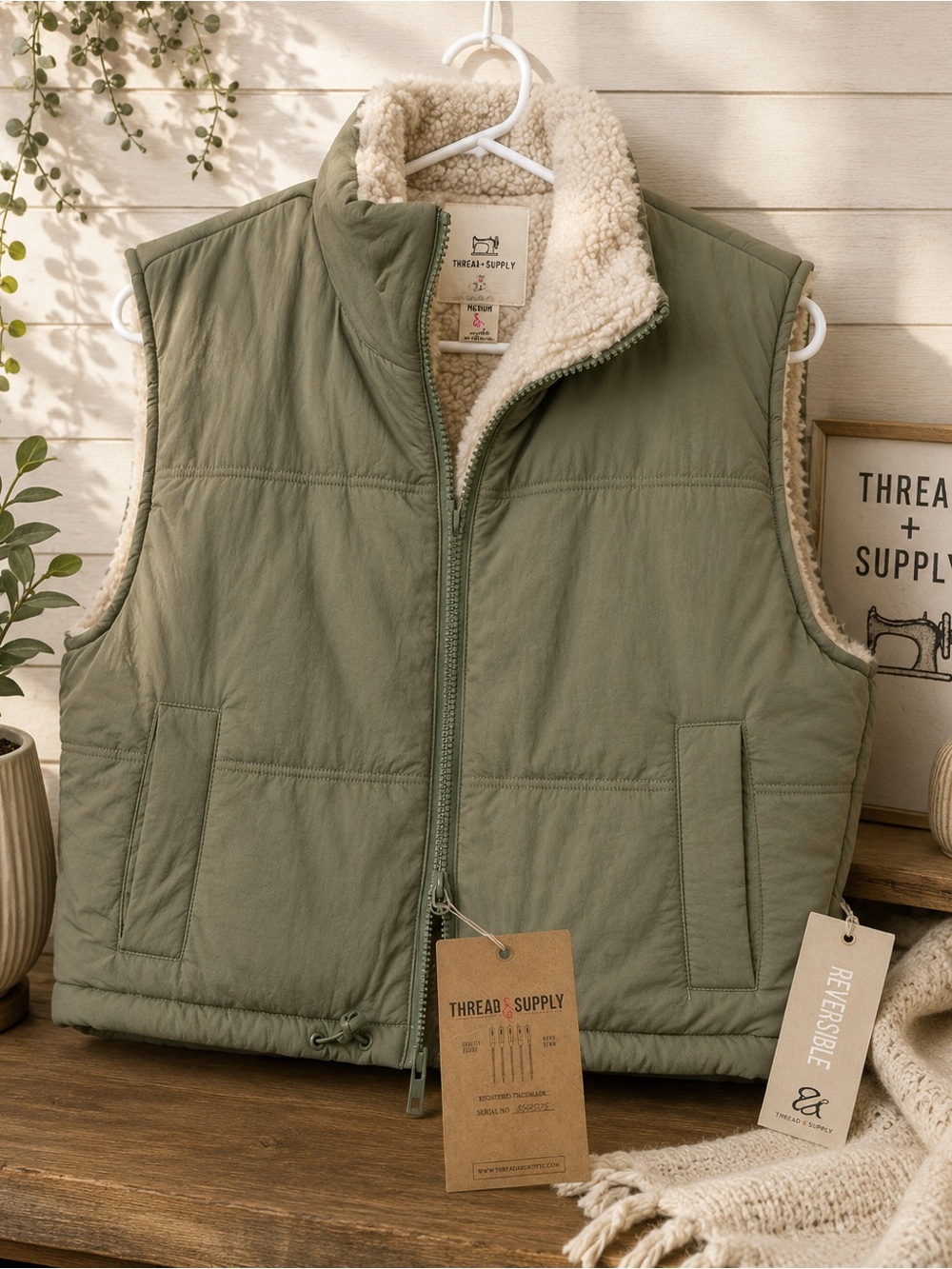 Thread & Supply Olive Reversible Sherpa Vest